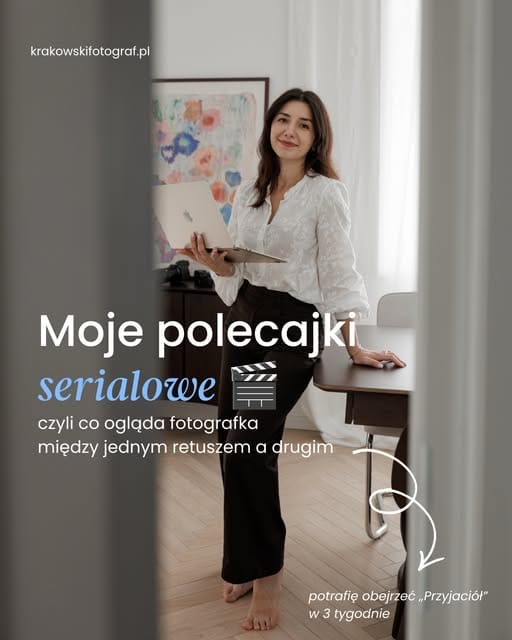 Lola Kłodawska z laptopem, grafika na Instagram z napisem Moje polecajki serialowe